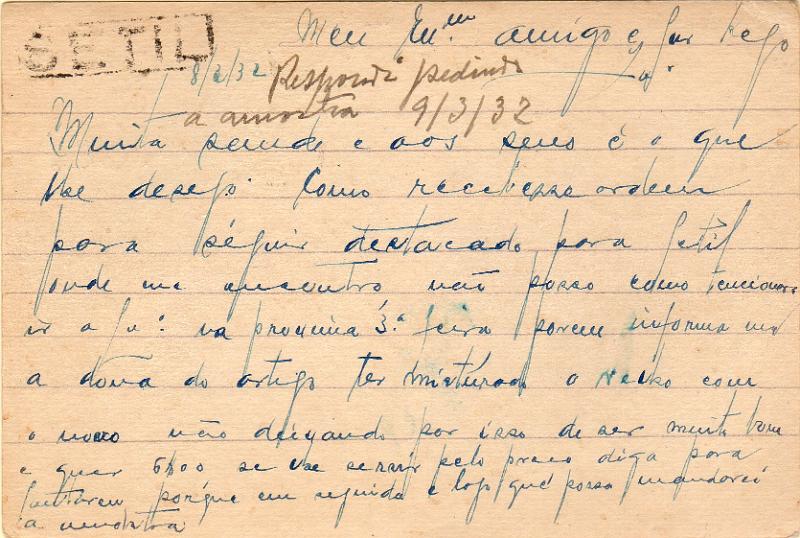 0681 v.jpg -     Lote:    681 (verso)                   Descrição:         Correio ferroviário * Marcas nominativas. 1931 &mdash; Lusíadas. OM80, 25C carmim. Circulado de Setil pela Ambulância Norte I (08.03.32) para Lisboa. No verso carimbo linear nominativo batido a preto da estação ferroviária de "SETIL".        IC       Valor Base:     &euro; 25,00     Valor Venda:     &euro;      